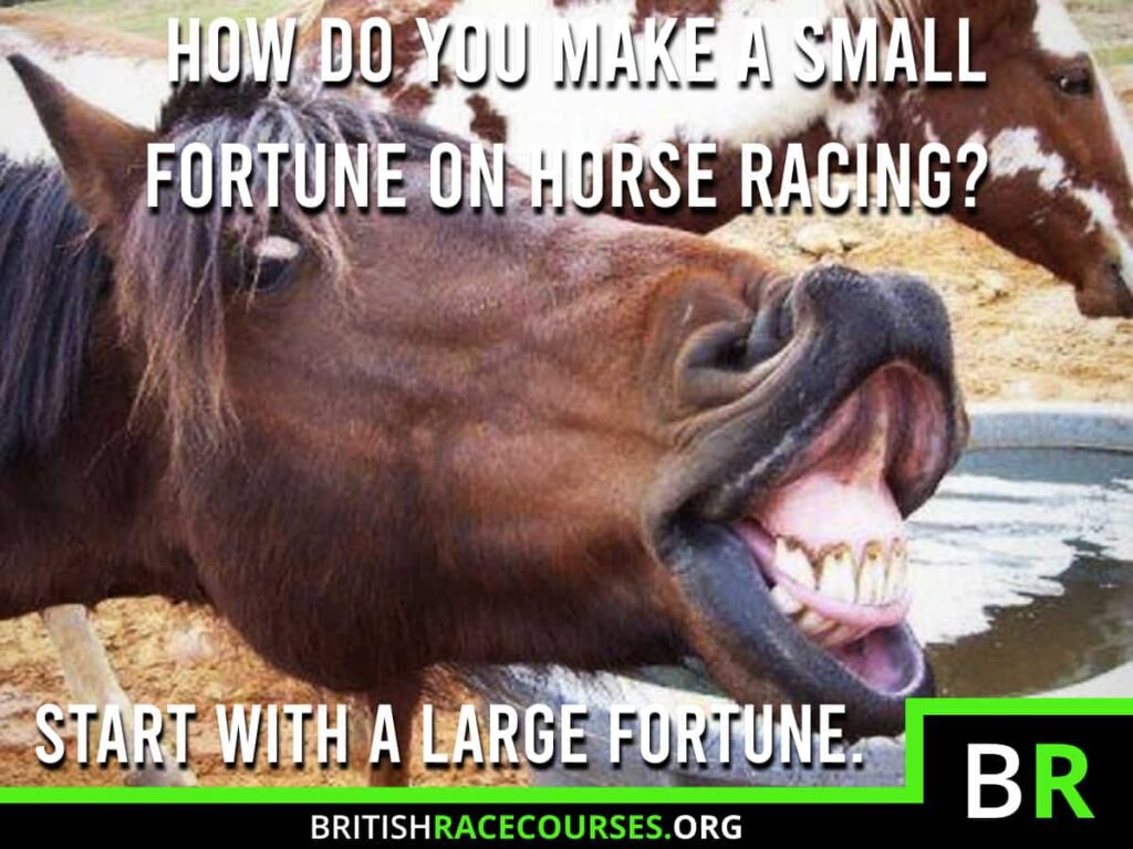 Background of goofy horse with text saying "HOW DO YOU MAKE A SMALL FORTUNE ON HORSE RACING? START WITH A LARGE FORTUNE.". The British Racecourse Logo is in the bottom right with a black strip covering the bottom with the website url www.britishracecourse.org.