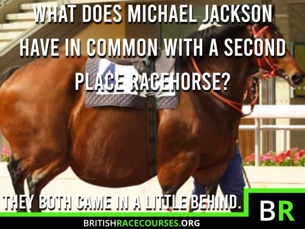 Horse Racing Memes 26 Background of goofy horse with text saying "WHAT DOES MICHAEL JACKSON HAVE IN COMMON WITH A SECOND PLACE RACEHORSE? THEY BOTH CAME IN A LITTLE BEHIND.". The British Racecourse Logo is in the bottom right with a black strip covering the bottom with the website url www.britishracecourse.org.