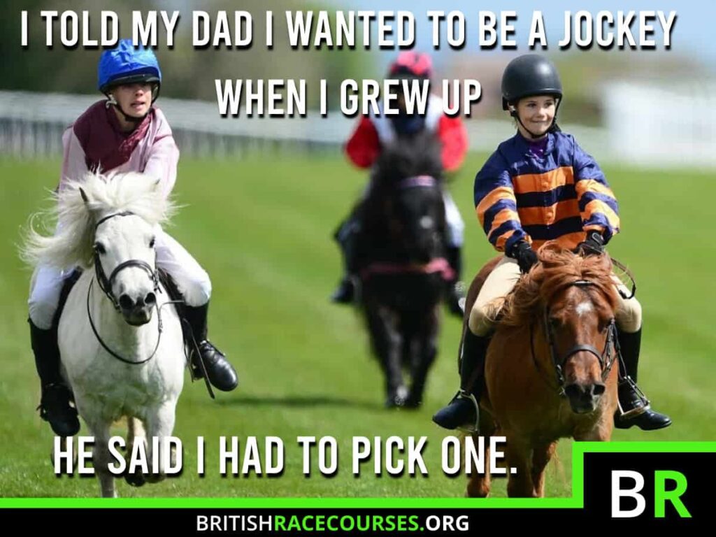 Background of goofy horse with text saying "I TOLD MY DAD I WANTED TO BE A JOCKEY WHEN I GREW UP, HE SAID I HAD TO PICK ONE". The British Racecourse Logo is in the bottom right with a black strip covering the bottom with the website url www.britishracecourse.org.