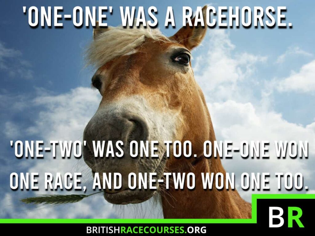 Background of goofy horse with text saying "'ONE-ONE WAS A RACEHORSE. 'ONE-TWO' WAS ONE TOO. ONE-ONE WON ONE RACE, AND ONE-TWO WON ONE TOO.". The British Racecourse Logo is in the bottom right with a black strip covering the bottom with the website url www.britishracecourse.org.