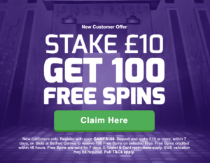 Betfred 100 free spins landing page