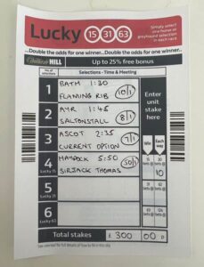 William Hill EW Lucky 15 Betting Slip